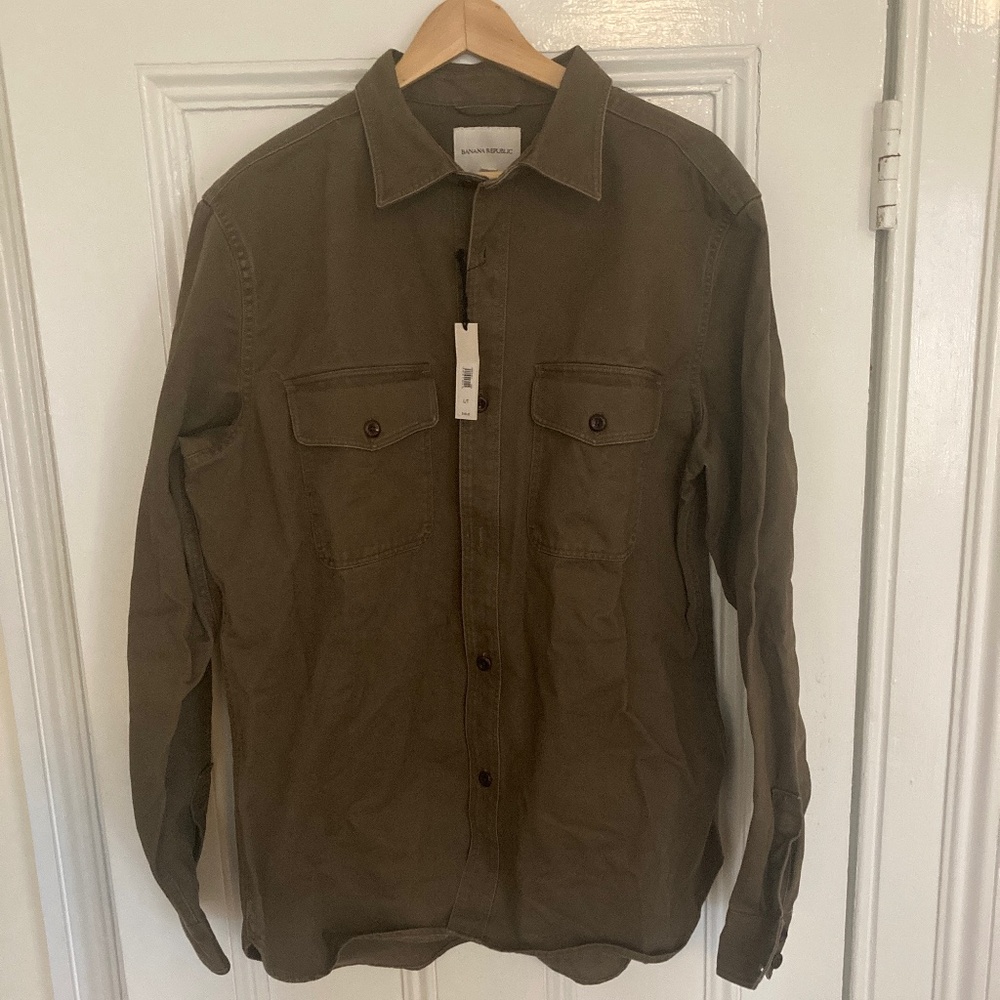 NWT Banana Republic Cotton Twill Shirt Dark Green LT